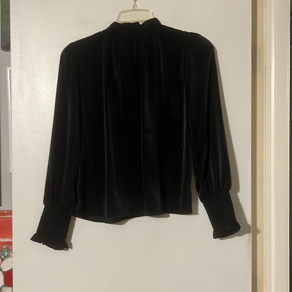 Aqua black satin  blouse ruffle neck. - Picture 5 of 8